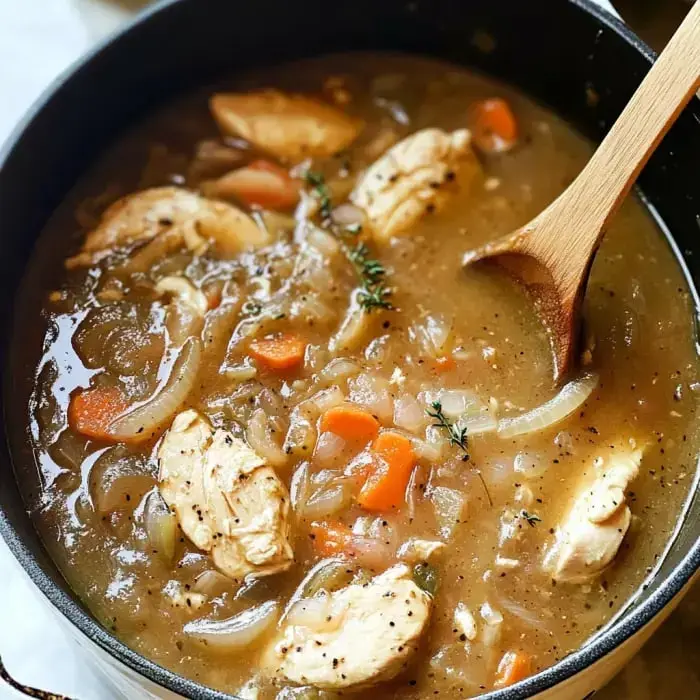 A close-up view of a pot filled with chicken stew, featuring sliced chicken, carrots, onions, and herbs in a thick, savory broth.