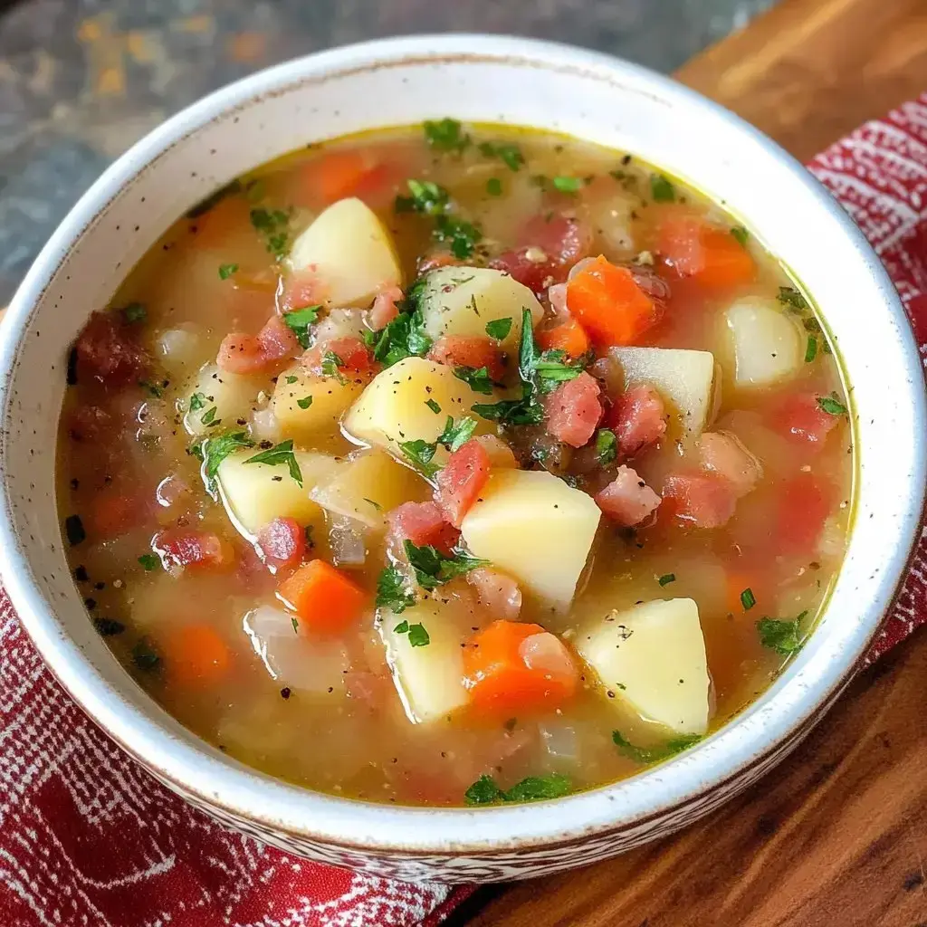 A bowl of hearty soup featuring potatoes, carrots, bacon, and herbs, served on a wooden surface with a patterned red cloth.