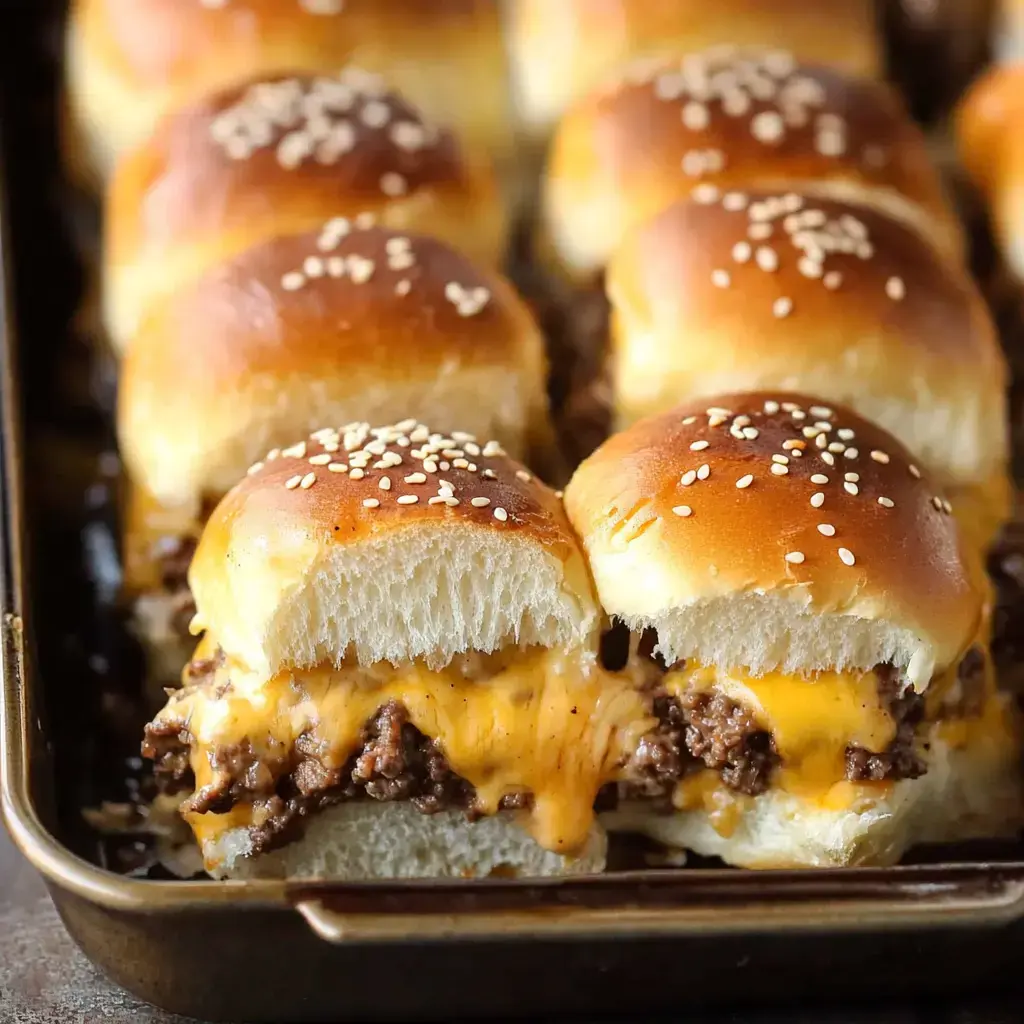 A tray of cheesy beef sliders topped with sesame seeds and golden-brown buns.