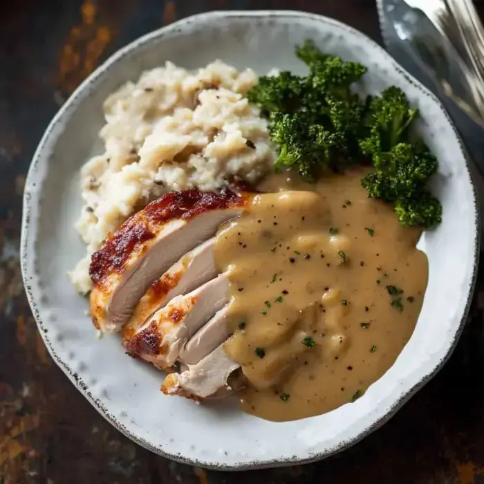 A plate of sliced roasted chicken covered in gravy, served with mashed potatoes and steamed broccoli.