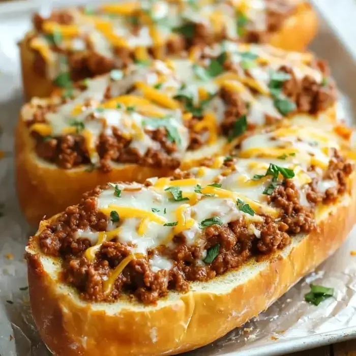 A close-up of toasted bread topped with seasoned ground meat, melted cheese, and parsley.