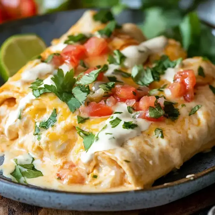 A close-up of a plate featuring a creamy enchilada topped with diced tomatoes, cilantro, and drizzled with sour cream, alongside a lime wedge.