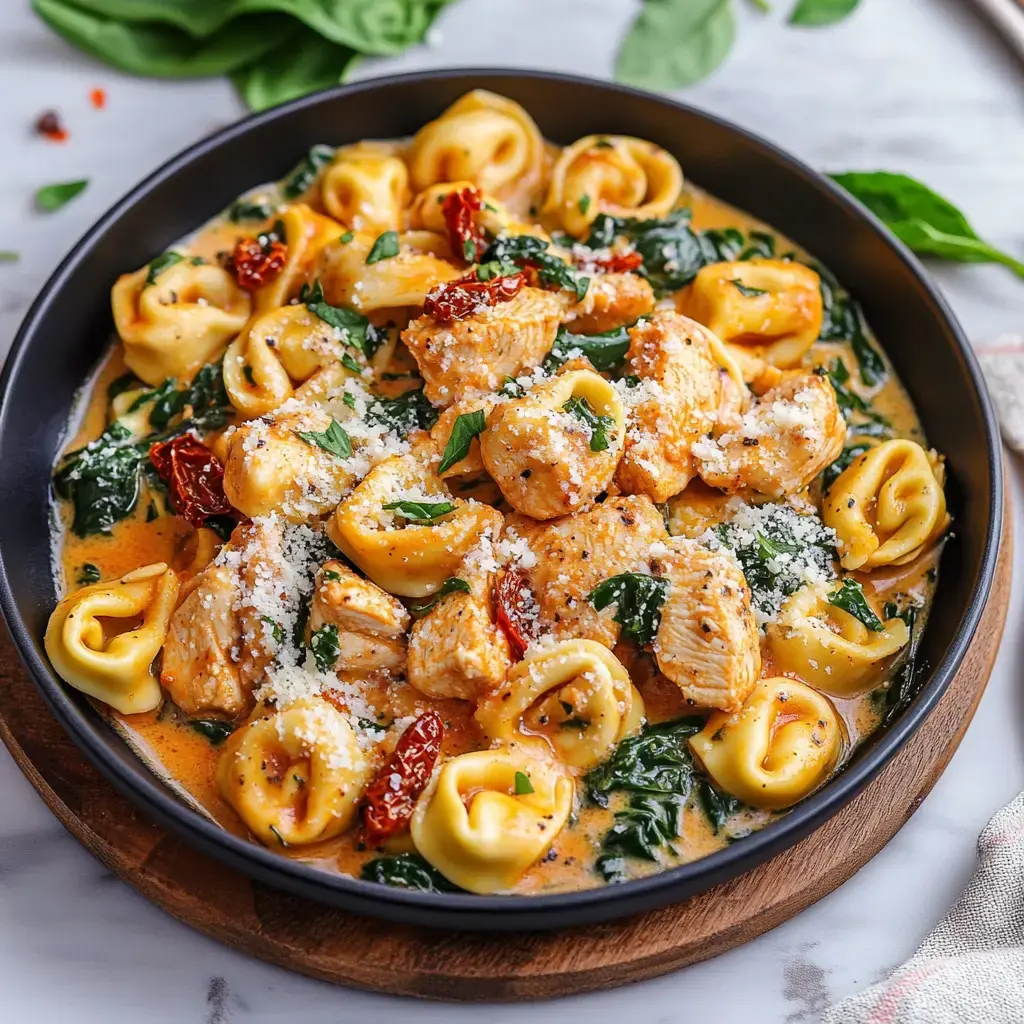 A bowl of creamy tortellini pasta with chicken, spinach, sun-dried tomatoes, and sprinkled with cheese.