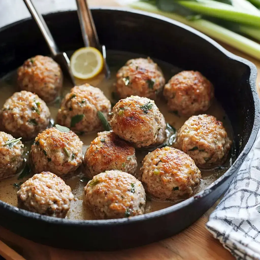 A cast-iron skillet filled with golden-brown meatballs in a savory sauce, garnished with herbs and a slice of lemon.