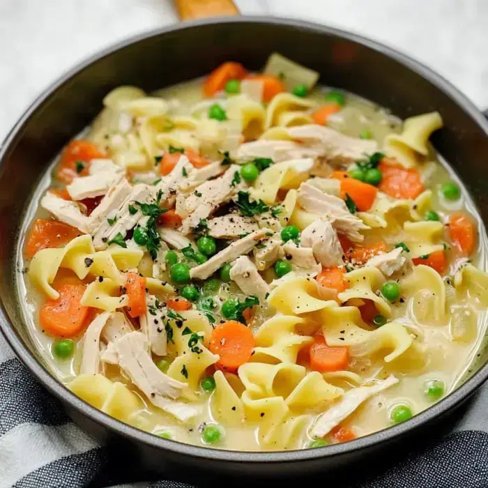 A close-up of a pan filled with chicken noodle soup, featuring egg noodles, shredded chicken, carrots, and green peas in a creamy broth.