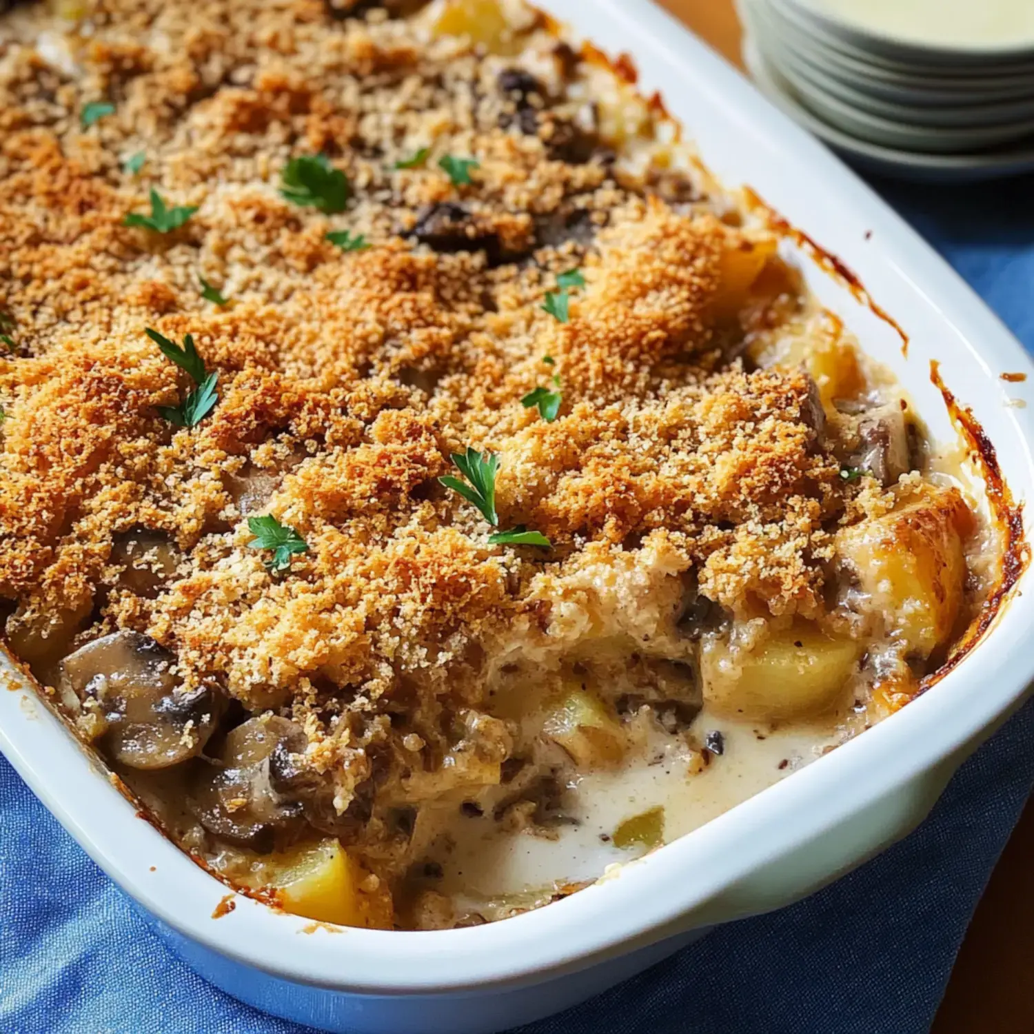 A creamy casserole topped with golden breadcrumbs and garnished with parsley.