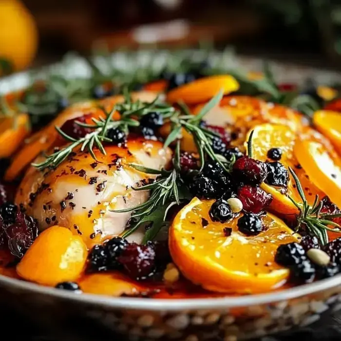 A close-up of a dish featuring roast chicken garnished with orange slices, herbs, and mixed berries in a flavorful glaze.