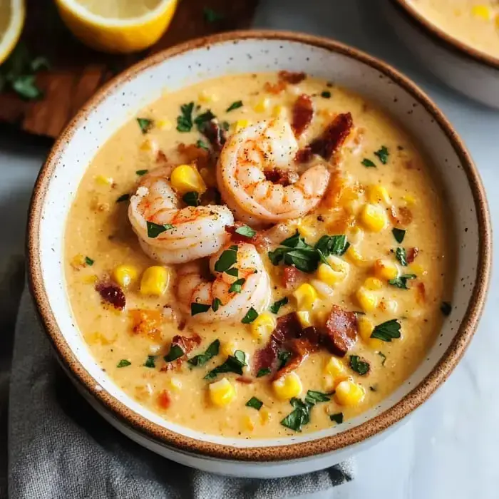 A bowl of creamy shrimp corn chowder topped with shrimp, corn, bacon bits, and fresh parsley.