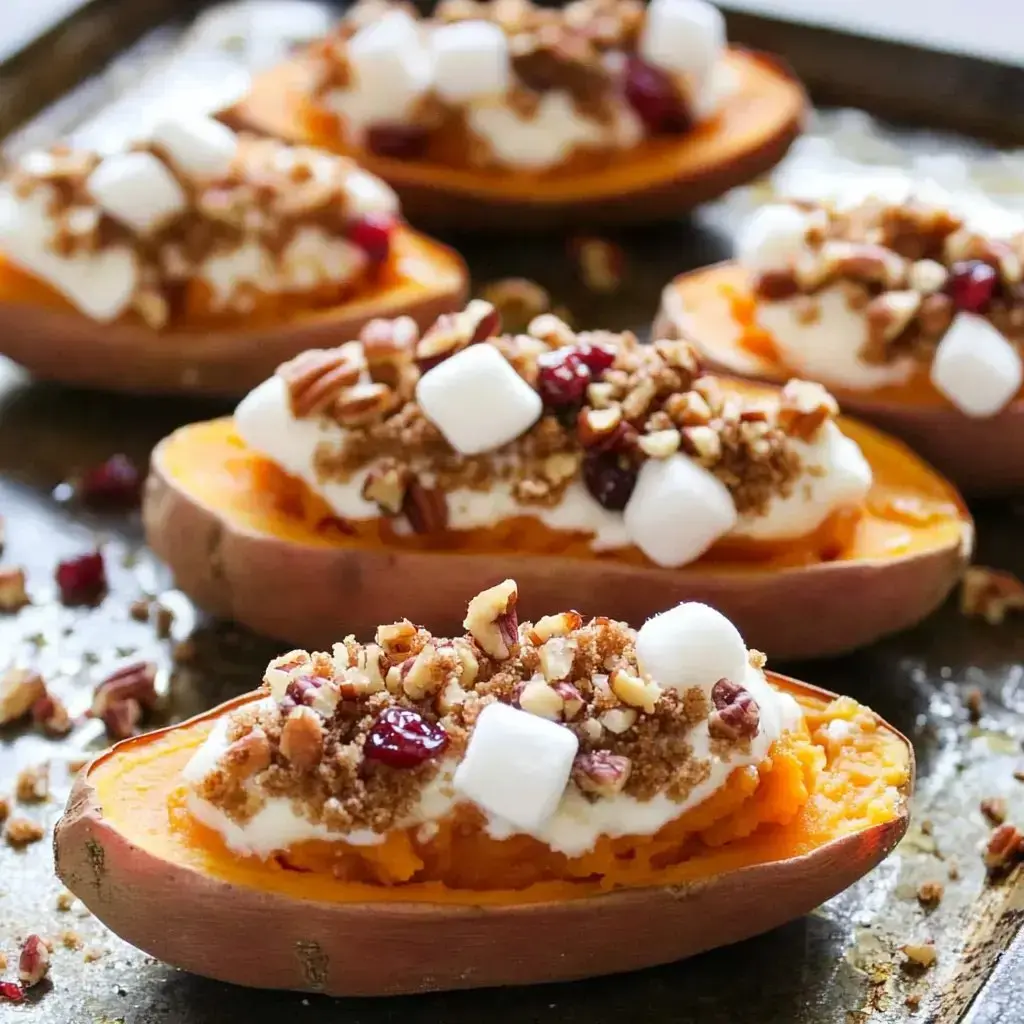 Baked sweet potatoes topped with marshmallows, pecans, cranberries, and a crumb topping are arranged on a baking sheet.