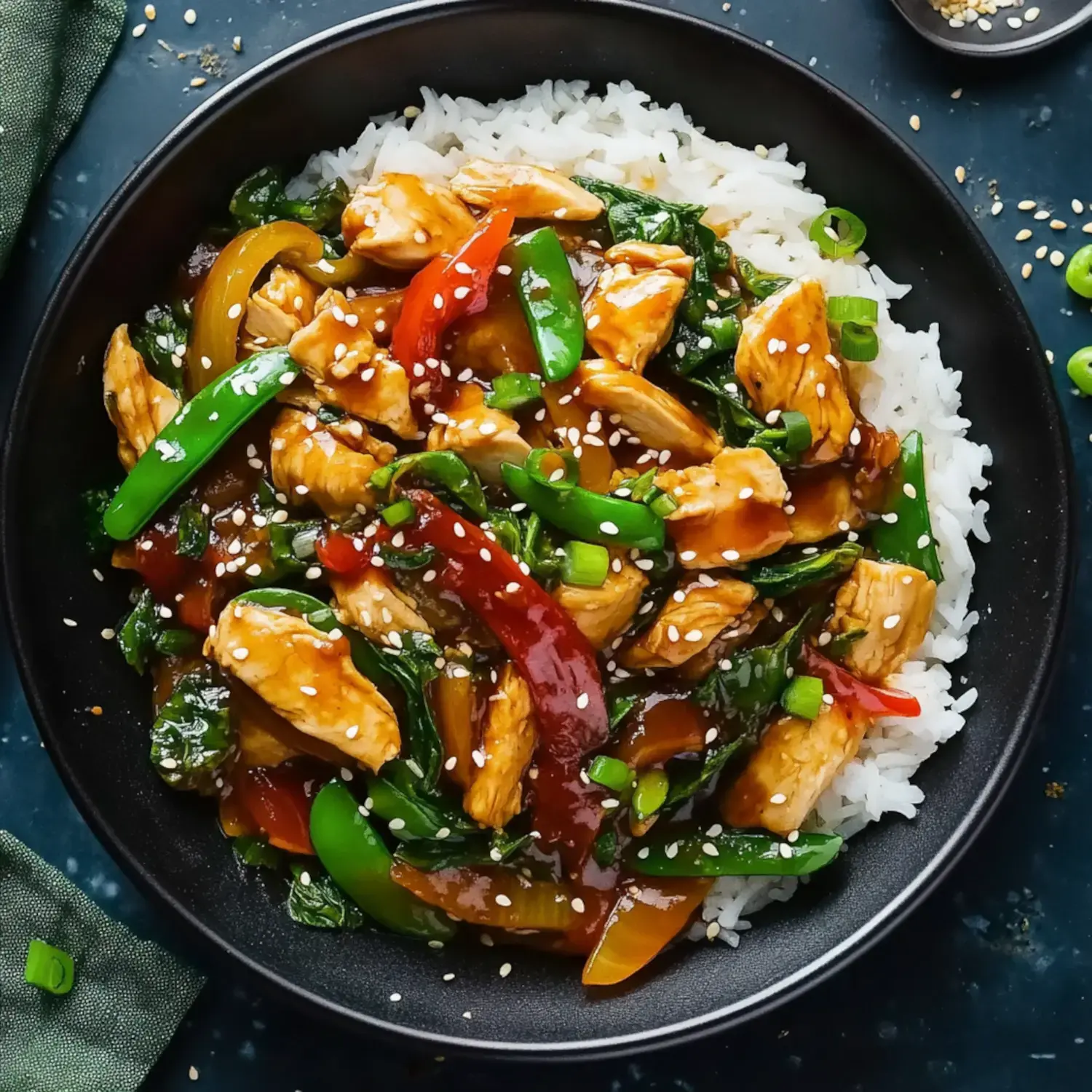 A bowl of stir-fried chicken with colorful bell peppers, spinach, and sesame seeds served over white rice.