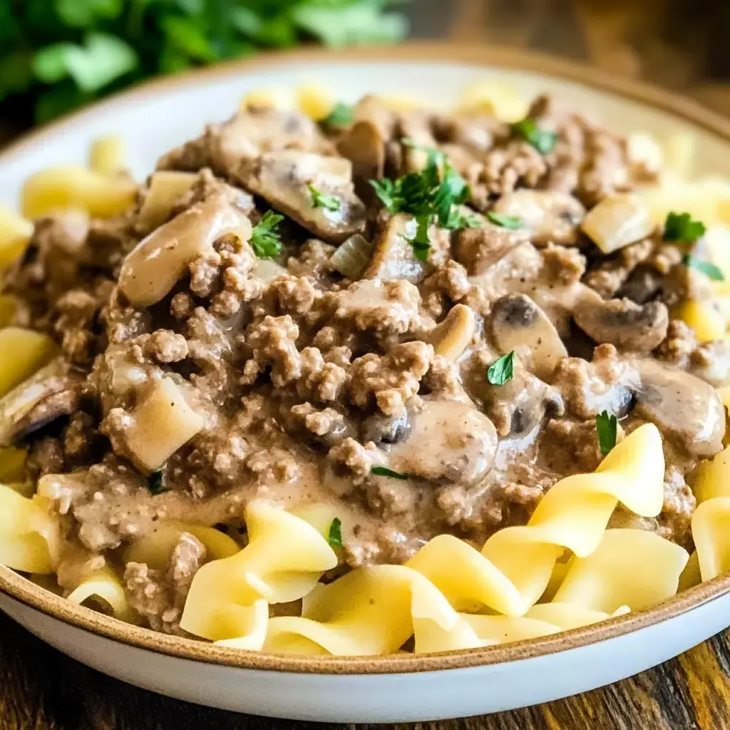 A plate of egg noodles topped with a creamy beef and mushroom mixture, garnished with parsley.