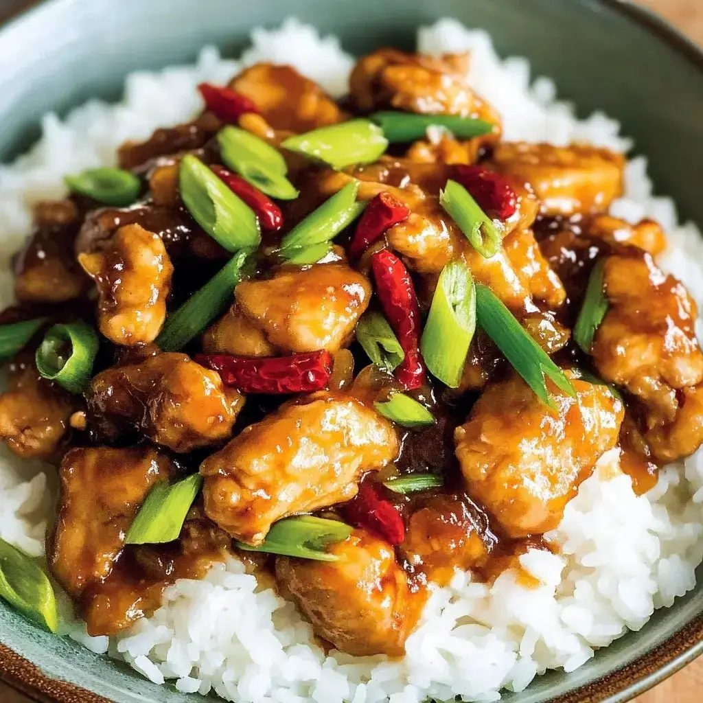 A bowl of rice topped with chicken in a savory sauce, garnished with green onions and dried red chilies.