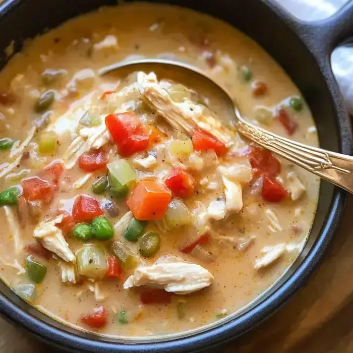 A close-up of a bowl of creamy chicken soup with vegetables, featuring shredded chicken, diced tomatoes, and colorful bell peppers, with a spoon resting inside.