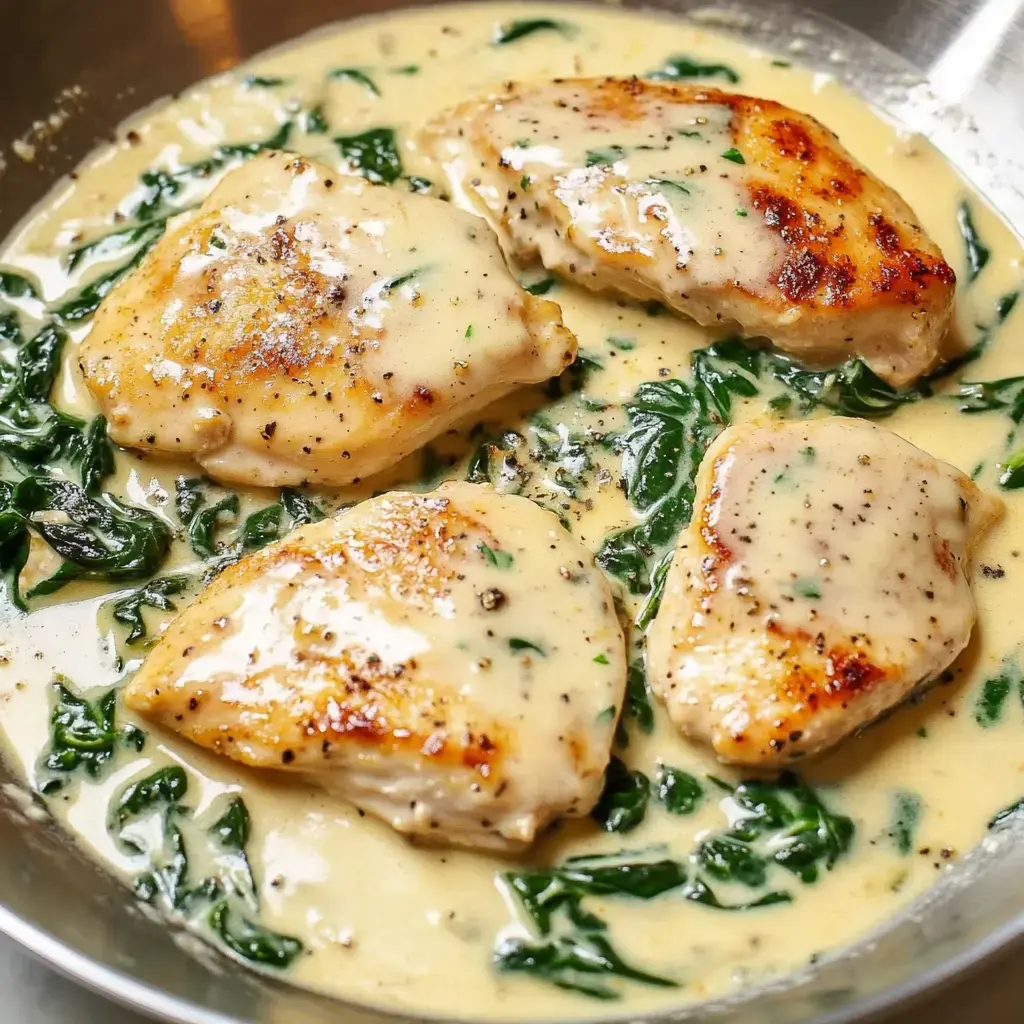 A pan of sautéed chicken thighs in a creamy sauce, surrounded by wilted spinach.