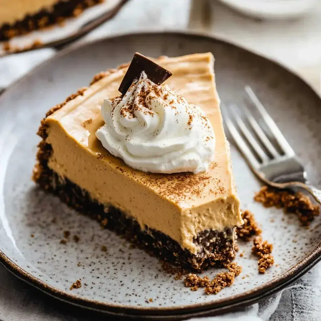 A slice of creamy dessert topped with whipped cream and a chocolate piece, served on a gray plate with a fork beside it.