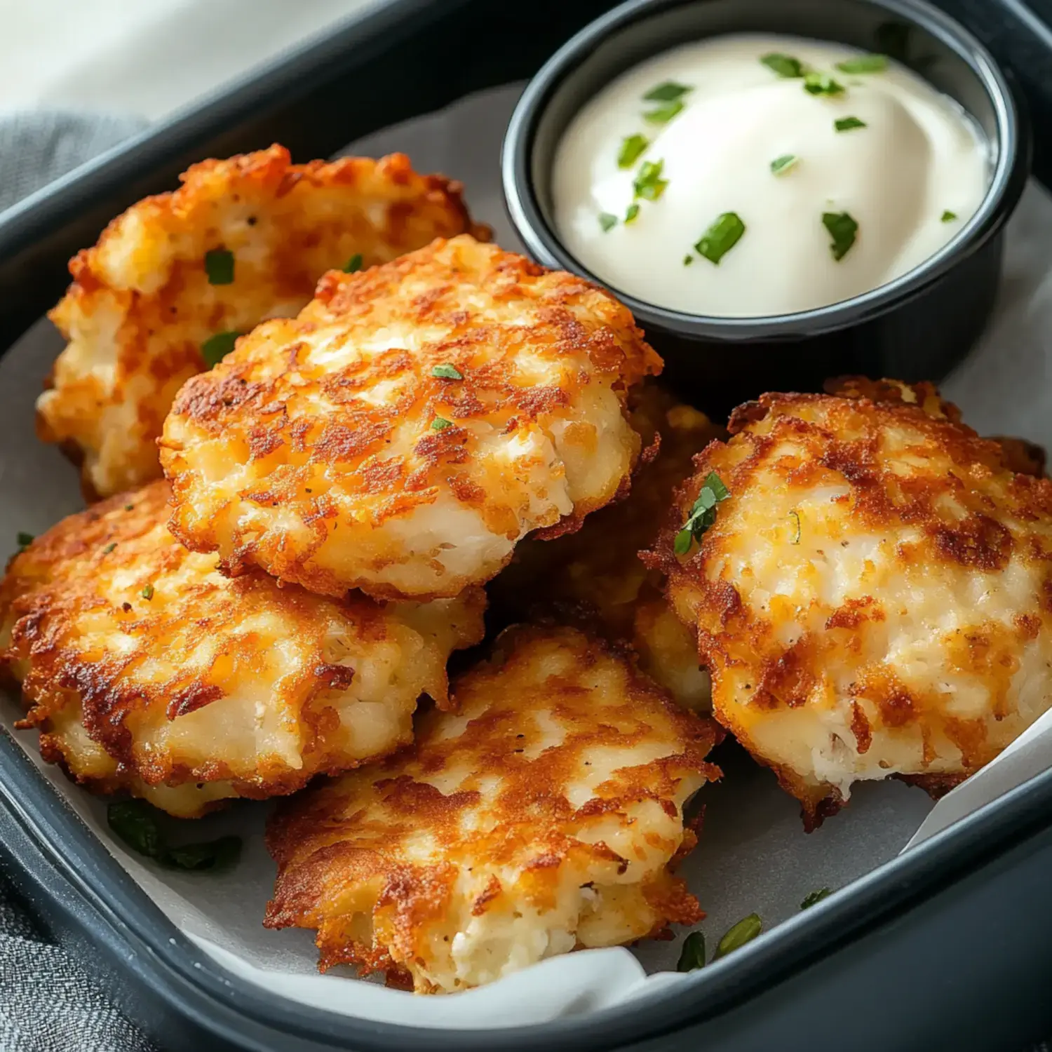 A black takeaway container holds several crispy, golden-brown potato fritters alongside a small bowl of sour cream garnished with chopped chives.