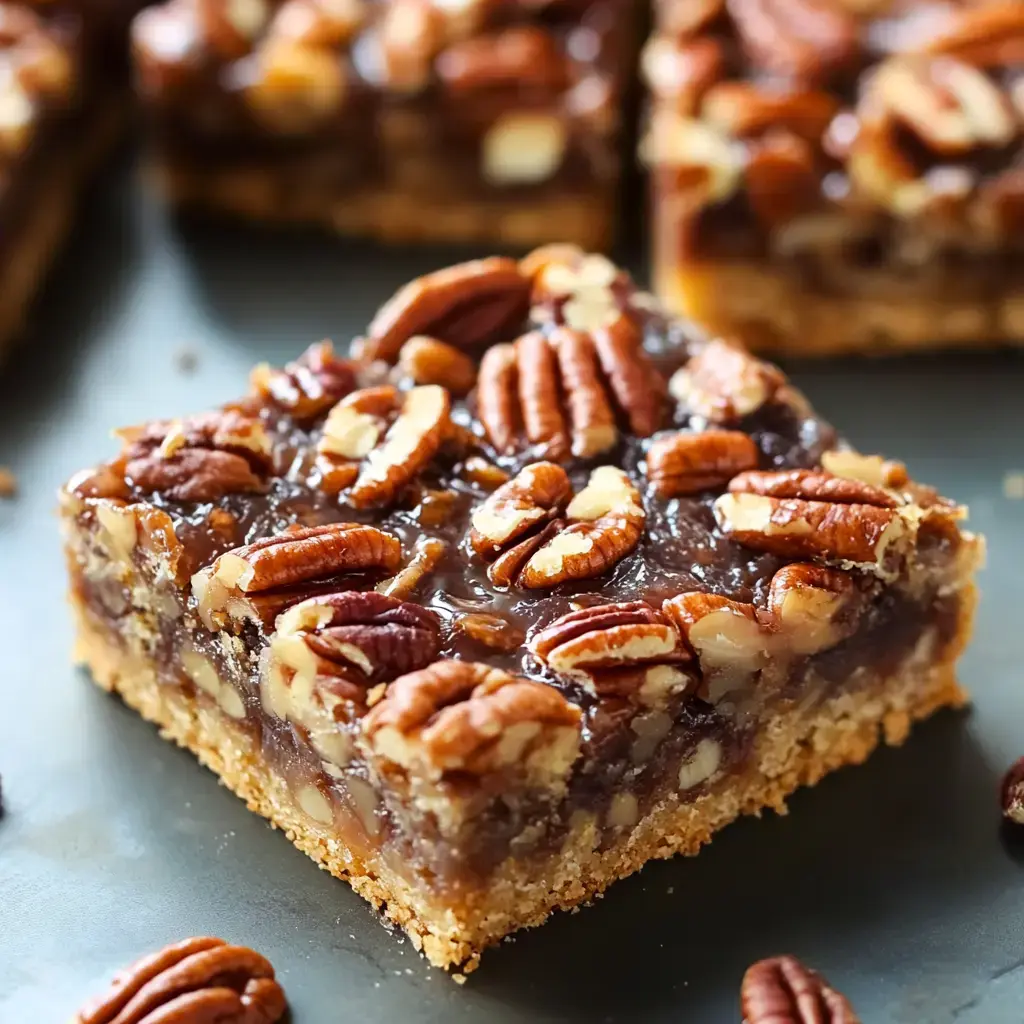 A close-up of a pecan pie bar topped with halved pecans on a dark surface.