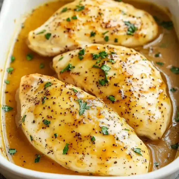 Three baked chicken breasts topped with a glossy sauce and sprinkled with chopped parsley are displayed in a dish.