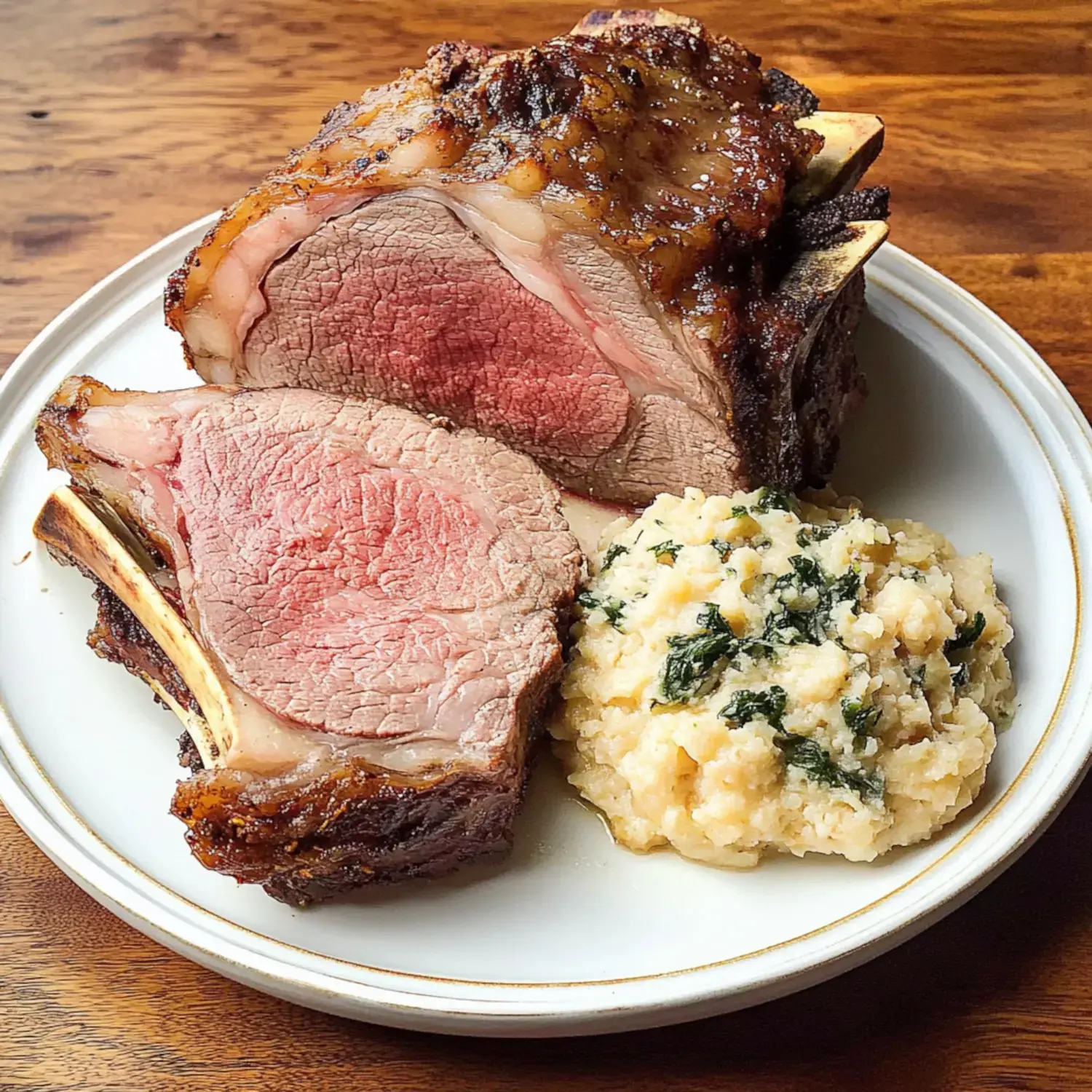 A plate features a slice of medium-rare roasted meat next to a serving of creamy mashed potatoes with greens.