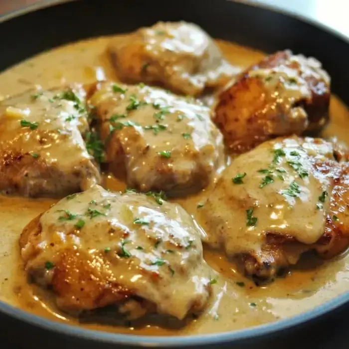 A skillet filled with chicken thighs covered in a creamy sauce, garnished with parsley.