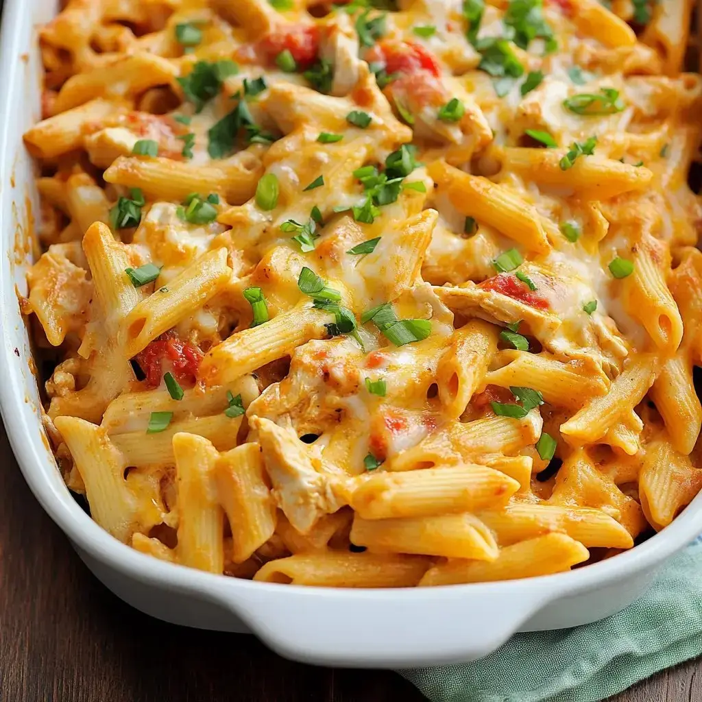 A creamy baked pasta dish with penne, chicken, diced tomatoes, and topped with melted cheese and chopped green onions.