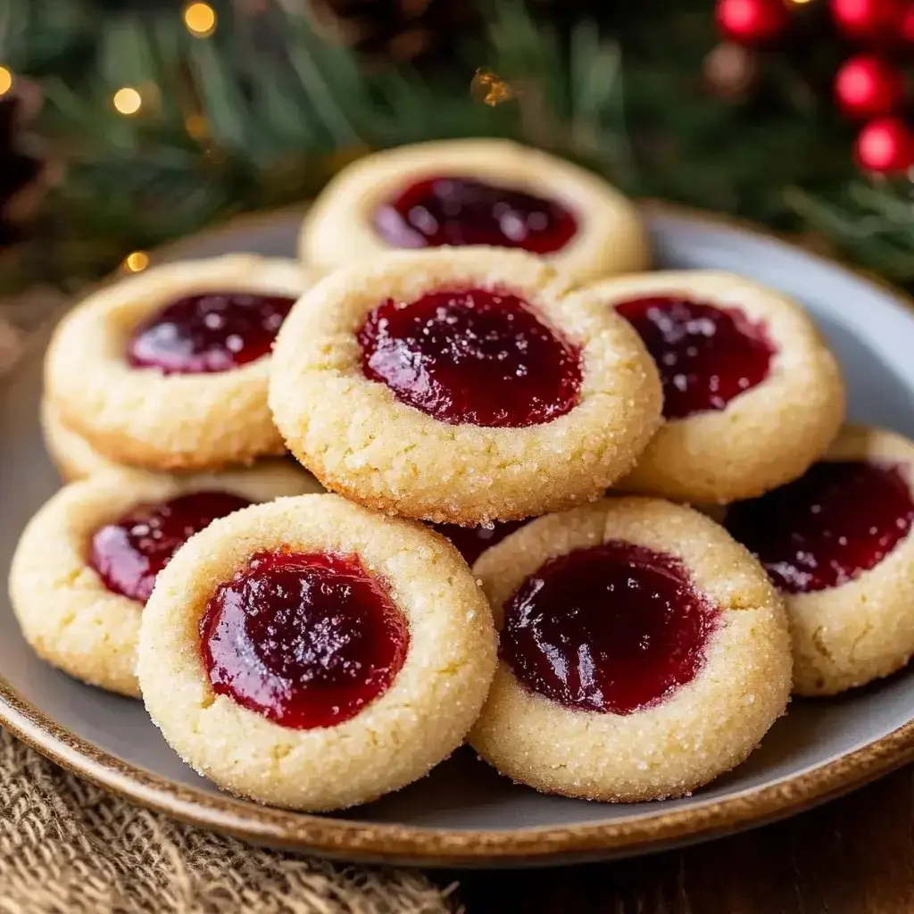 A plate of buttery cookies with a red jam filling in the center, surrounded by festive decorations.