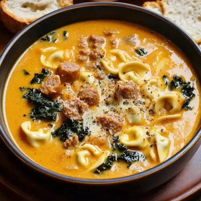 A bowl of creamy soup containing tortellinis, sausage, and kale, accompanied by slices of bread.