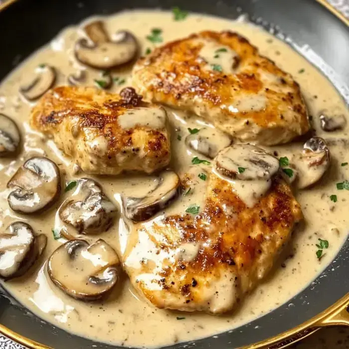 A close-up of three cooked chicken breasts in a creamy sauce with sliced mushrooms, garnished with parsley in a black frying pan.