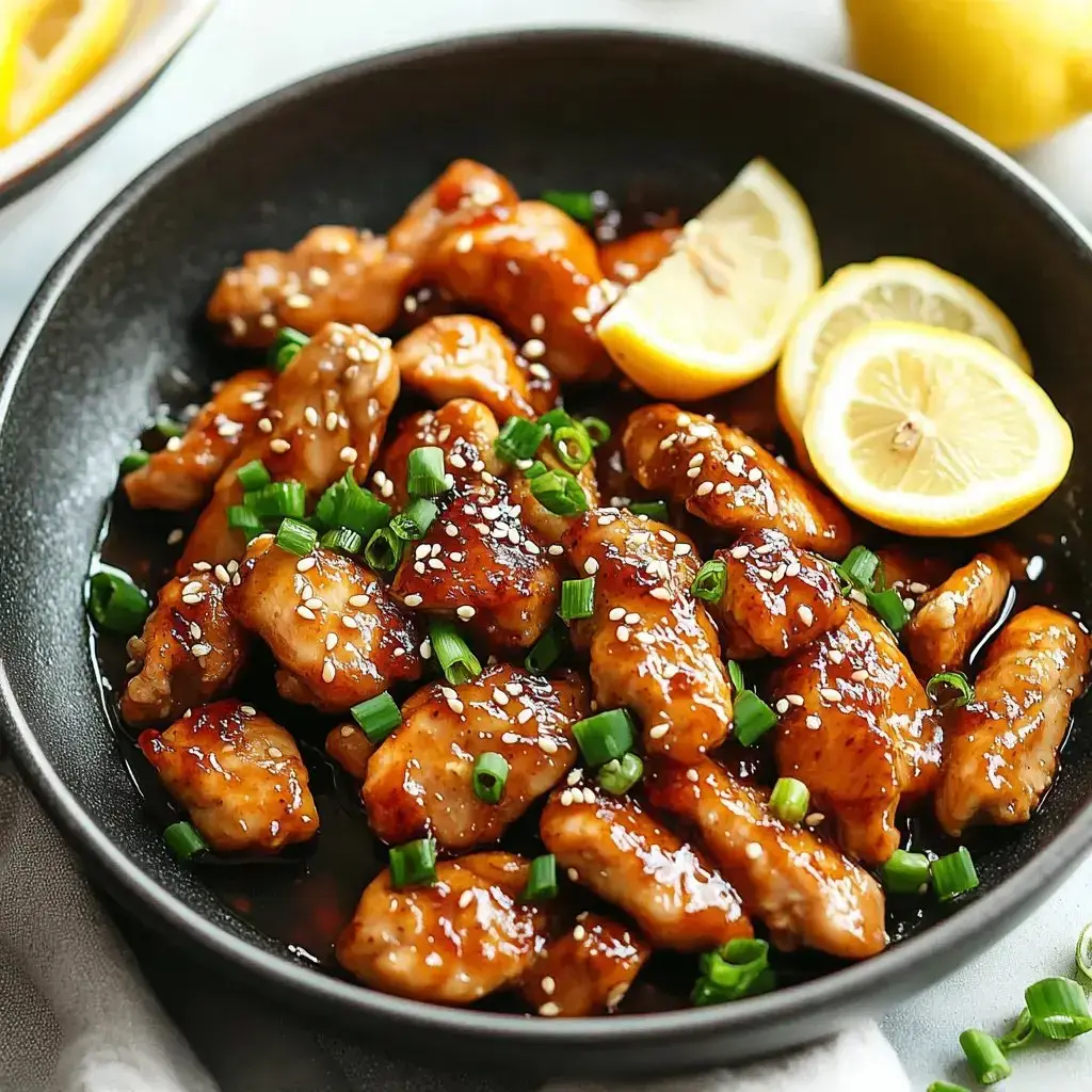 A black bowl filled with glazed chicken pieces garnished with green onions and sesame seeds, accompanied by lemon wedges.