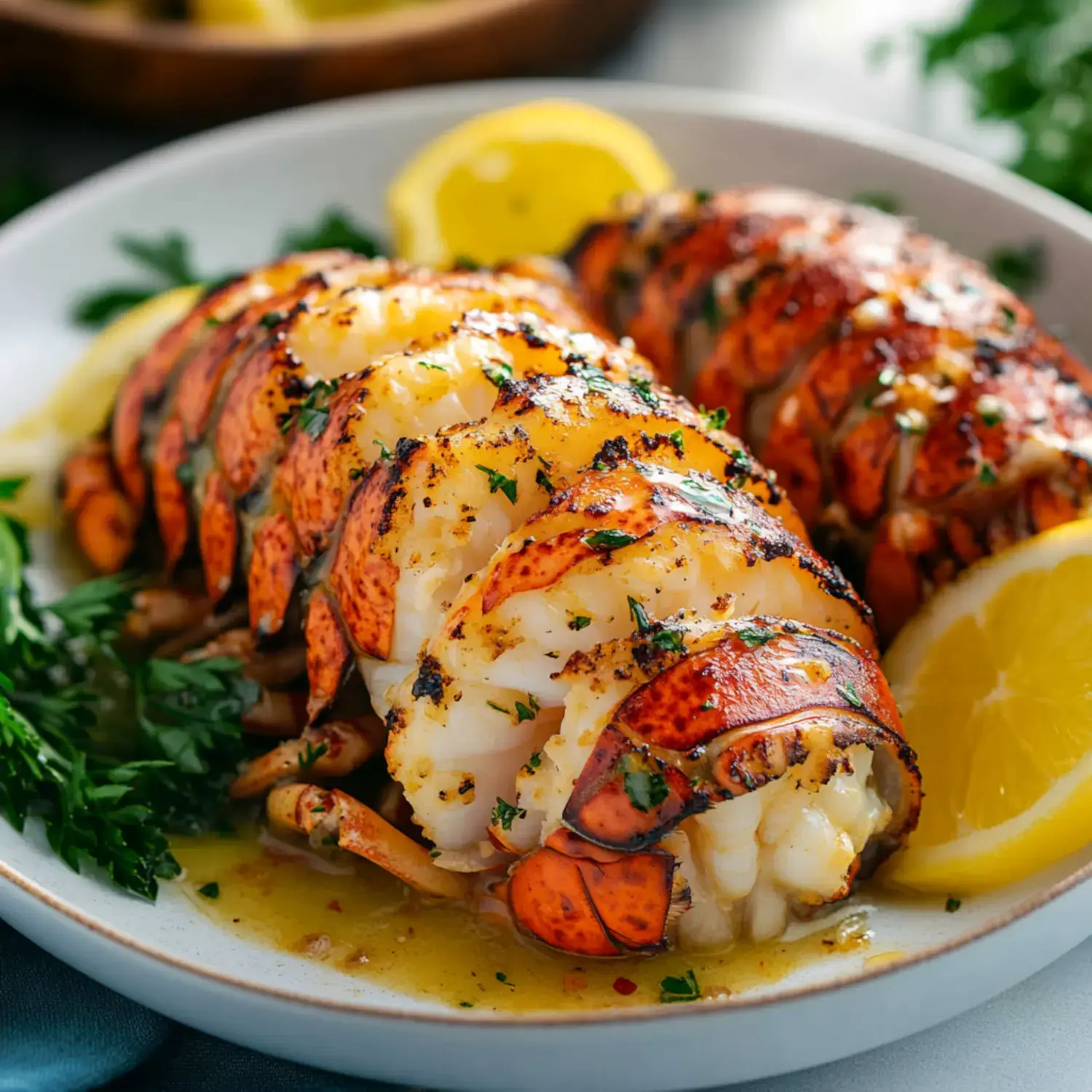 A plate of grilled lobster tails garnished with parsley and served with lemon wedges.