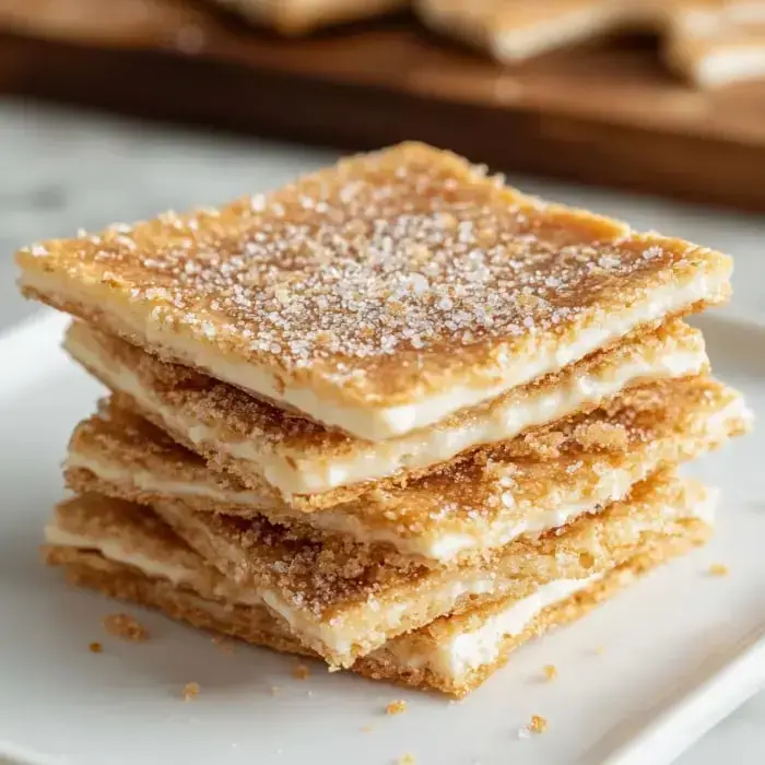 A stack of four rectangular dessert layers, with a crispy golden-brown top and creamy filling, dusted with sugar on a white plate.