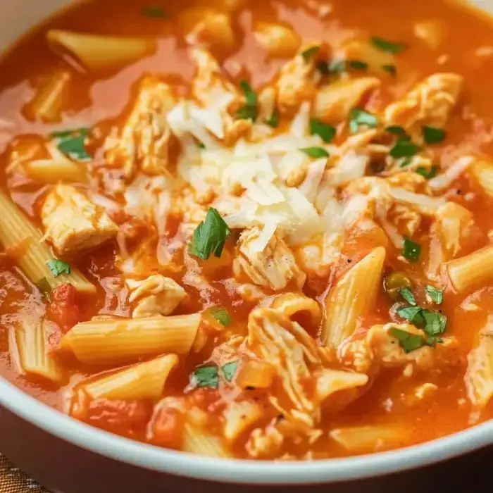 A bowl of pasta soup with shredded chicken, diced tomatoes, and herbs in a creamy tomato broth.