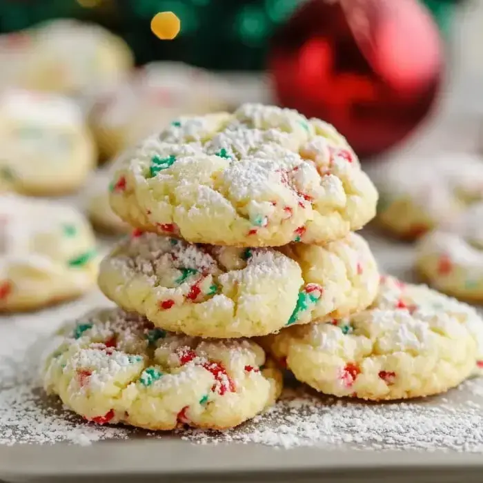 A stack of colorful, powdered sugar-dusted cookies sits atop a plate, with a festive red ornament and blurred cookies in the background.