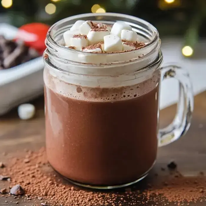 A glass jar filled with hot chocolate topped with whipped cream and marshmallows, surrounded by cocoa powder and chocolate pieces.