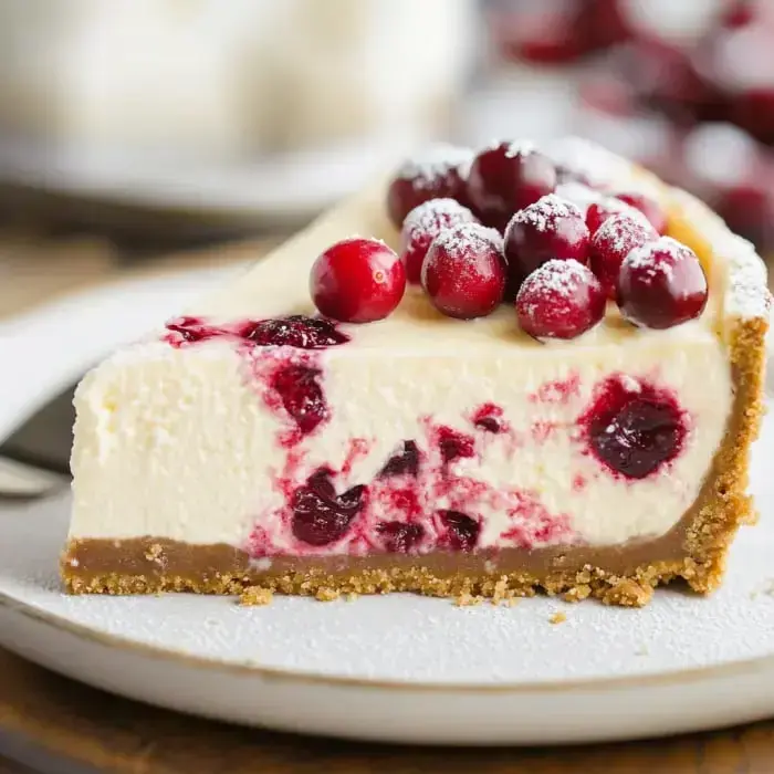 A slice of creamy cheesecake topped with fresh cranberries and a dusting of powdered sugar.