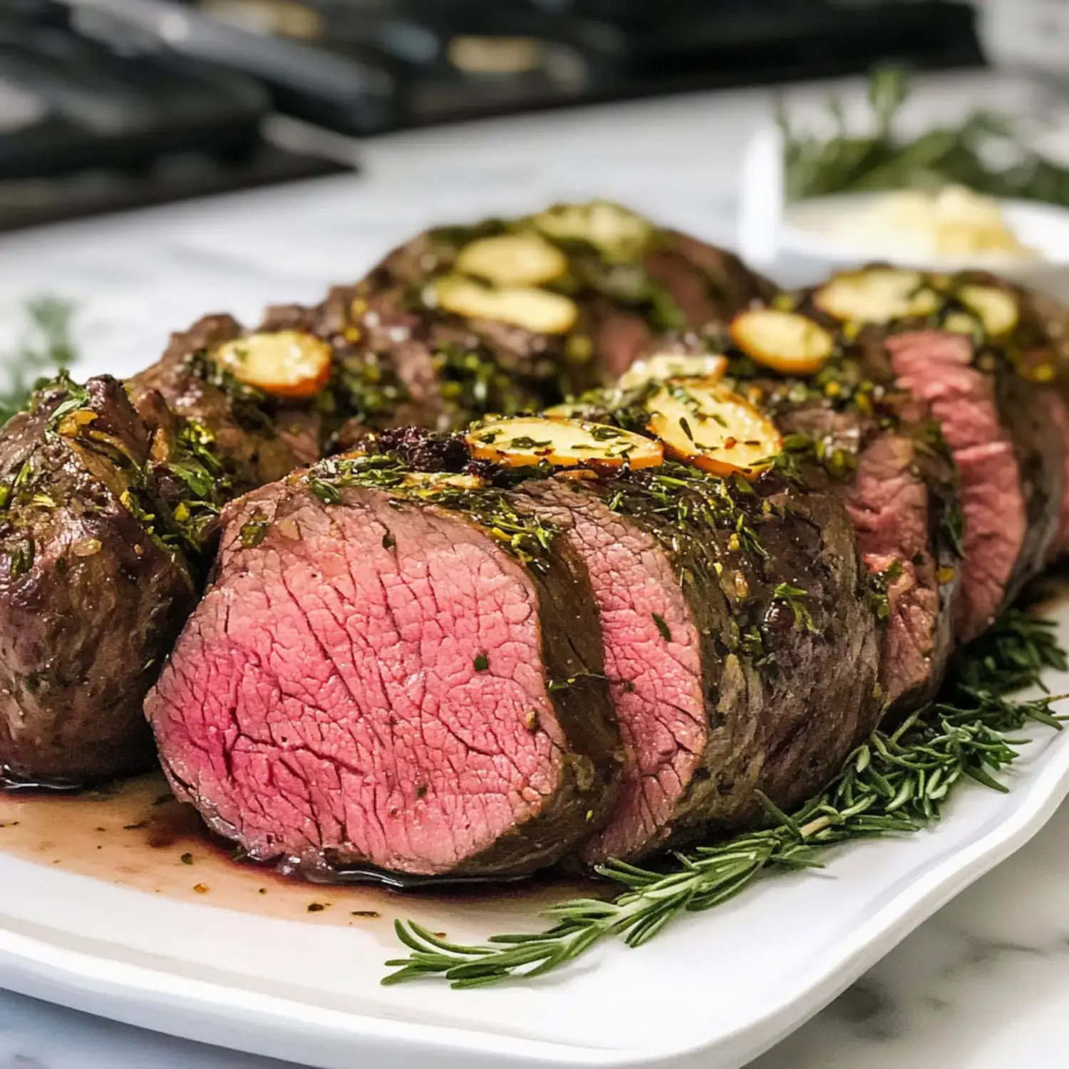 A succulent roast beef dish, garnished with herbs and garlic, is presented on a white platter.