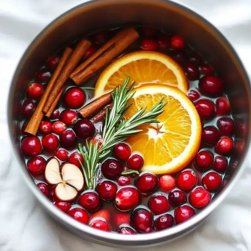 A pot filled with cranberries, orange slices, cinnamon sticks, and rosemary floating in water.