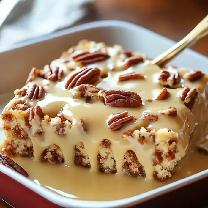 A slice of moist cake topped with pecans and drizzled with a creamy sauce is being served from a dish.