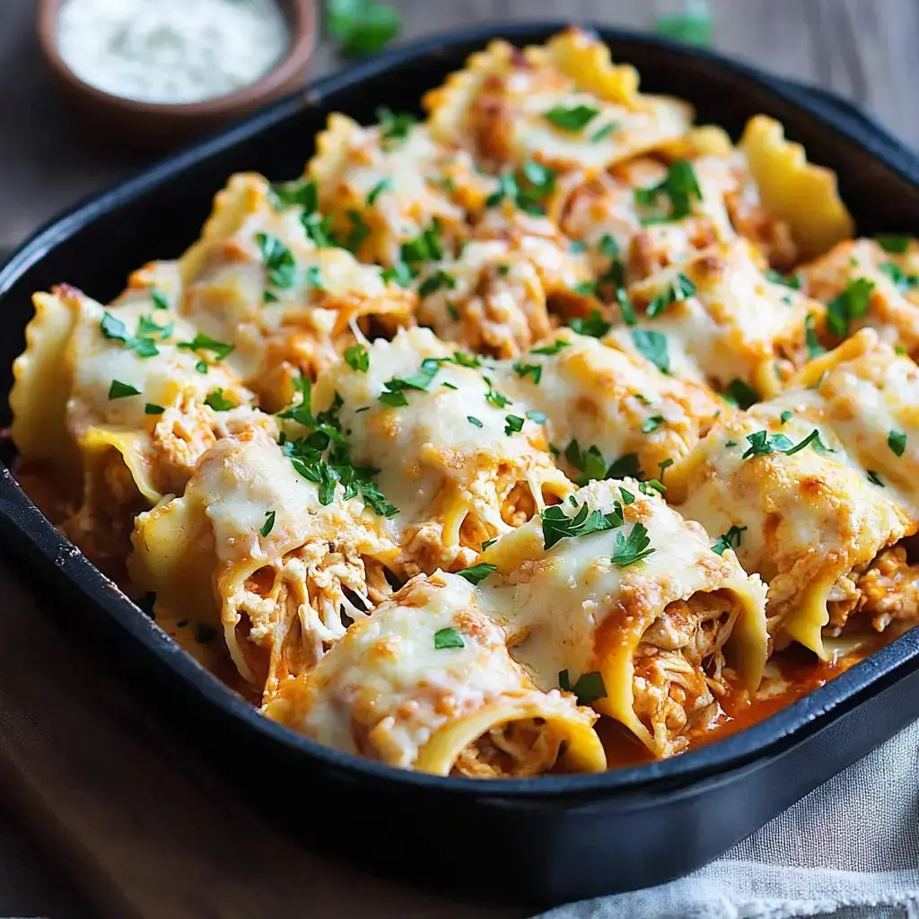 A baking dish filled with rolled pasta topped with melted cheese and garnished with chopped parsley.