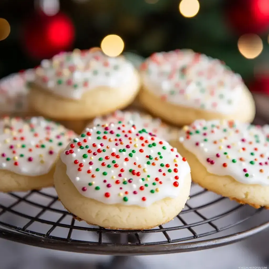 A close-up of decorated sugar cookies with white icing and colorful sprinkles, displayed on a wire rack with festive background bokeh.