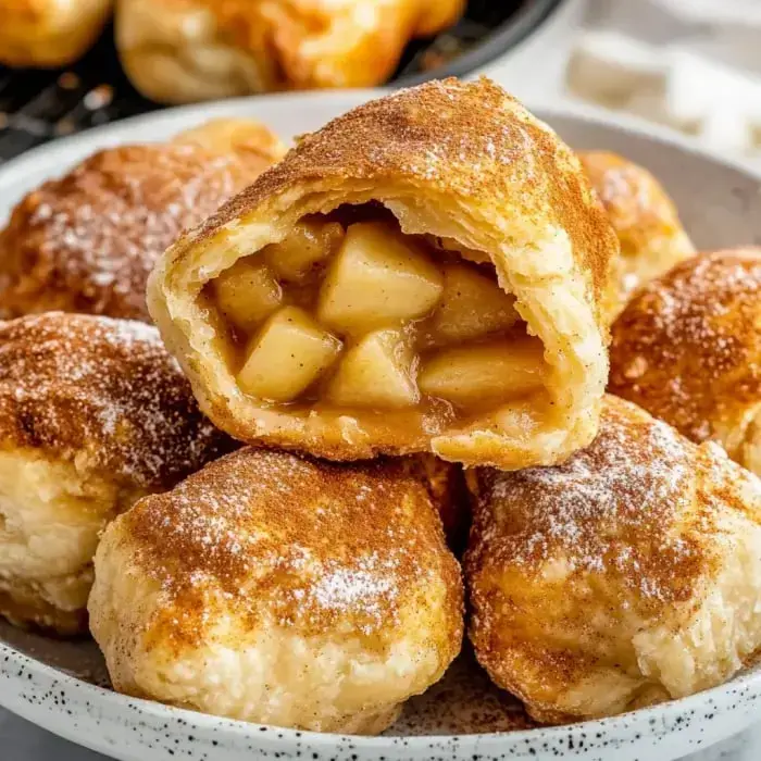 A plate of golden brown pastries sprinkled with powdered sugar, showcasing one cut open to reveal a filling of apple chunks in a cinnamon sauce.