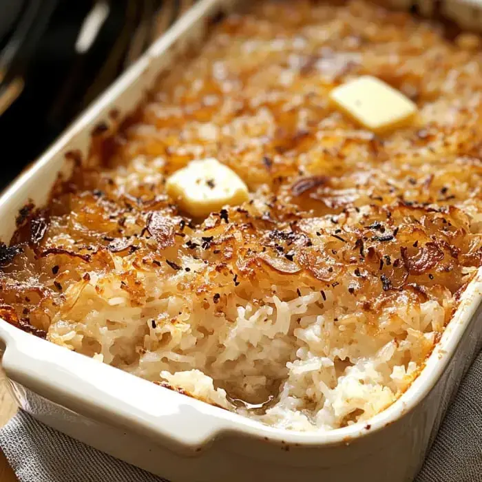 A baked rice dish with a golden, crispy top, garnished with two small pieces of butter.