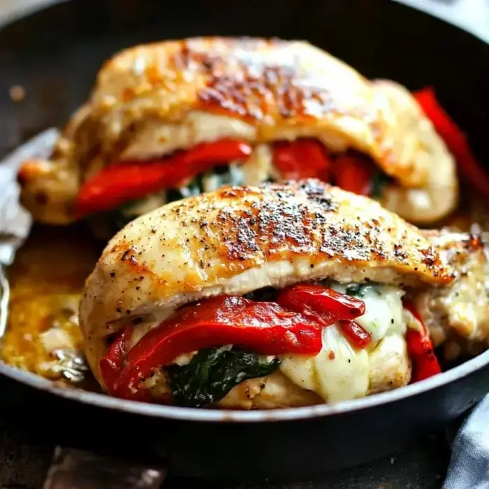 Two stuffed chicken breasts filled with spinach and roasted red peppers, seared and resting in a skillet.