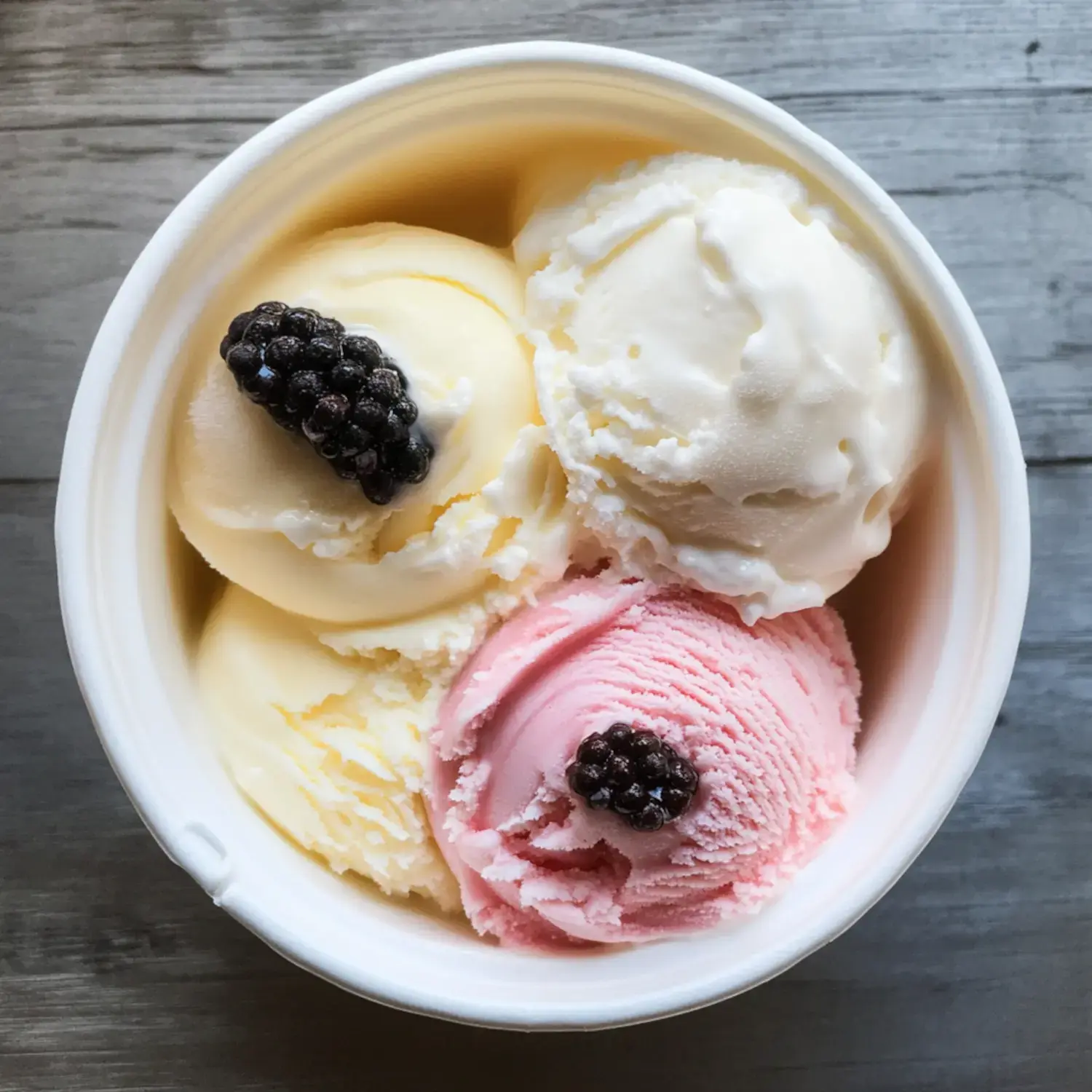 A bowl contains three scoops of ice cream: one yellow, one white, and one pink, each topped with a blackberry.