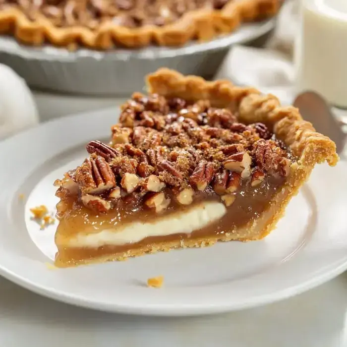 A slice of pecan pie with a creamy filling sits on a plate, showcasing its layered texture and rich toppings.