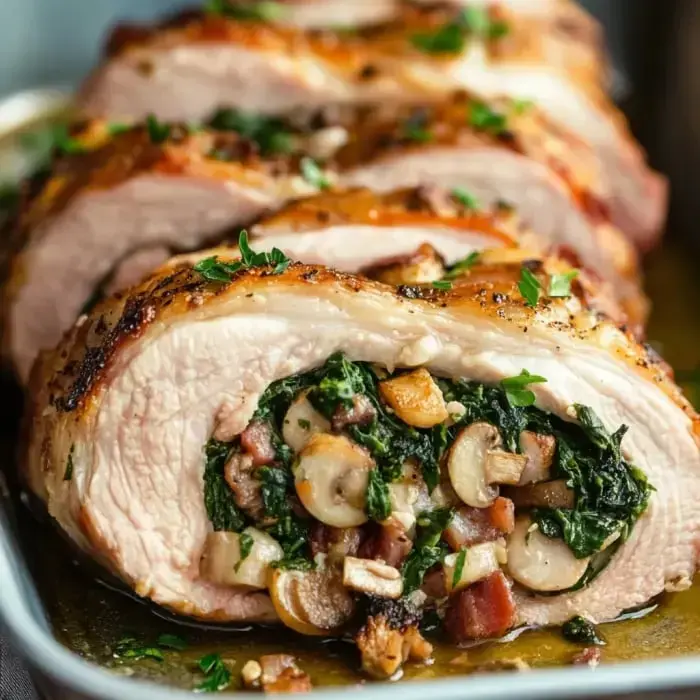 Sliced stuffed chicken roll with a filling of spinach, mushrooms, and bacon, garnished with parsley.