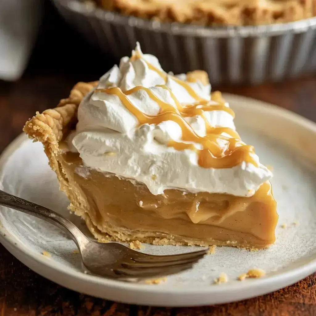 A slice of creamy pie topped with whipped cream and drizzled with caramel, served on a plate with a fork beside it.