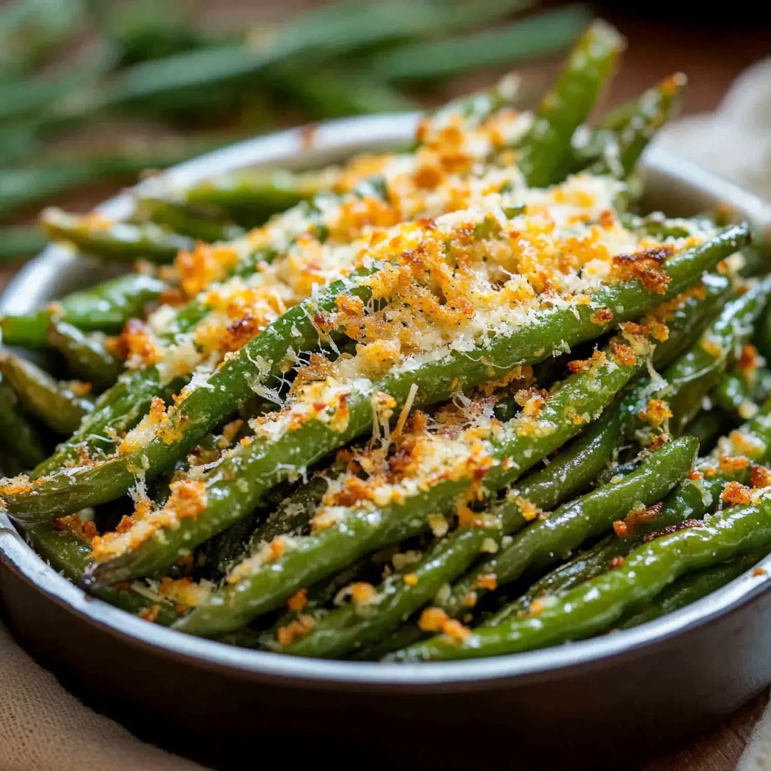 A bowl of baked green beans topped with crispy breadcrumbs and cheese.