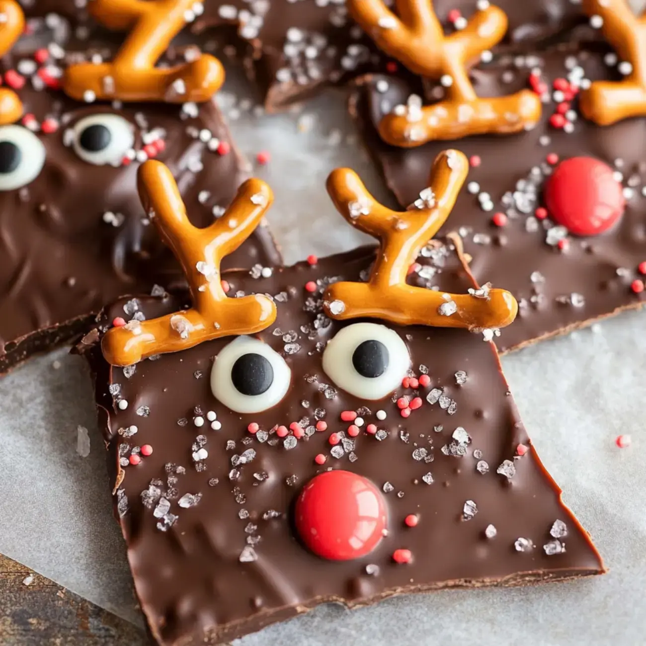 The image shows chocolate treats designed to look like reindeer faces, complete with pretzel antlers, candy eyes, and festive decorations.