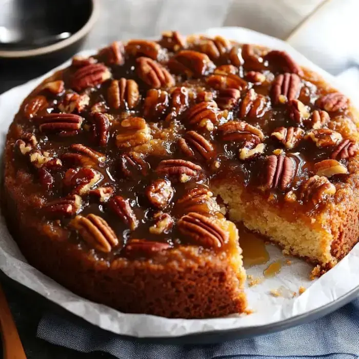 A round pecan cake topped with caramel and a slice removed, resting on a parchment-lined surface.